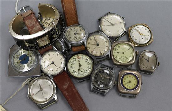 A 9ct gold Accurist wrist watch (af) and thirteen other assorted watches etc. including Longines silver cased.